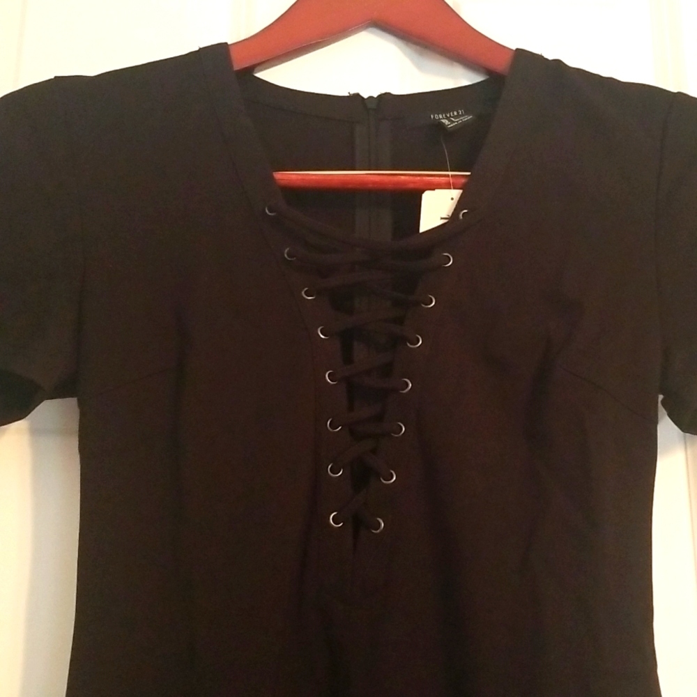 NWT Forever 21 Black Bodycon Dress, Size S, Lace Up Front - Picture 2 of 5